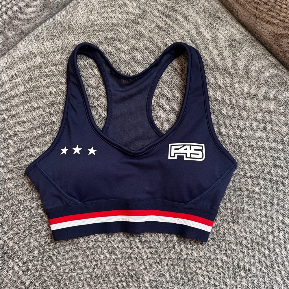 Navy Sports Bra with Red and White Accents F45